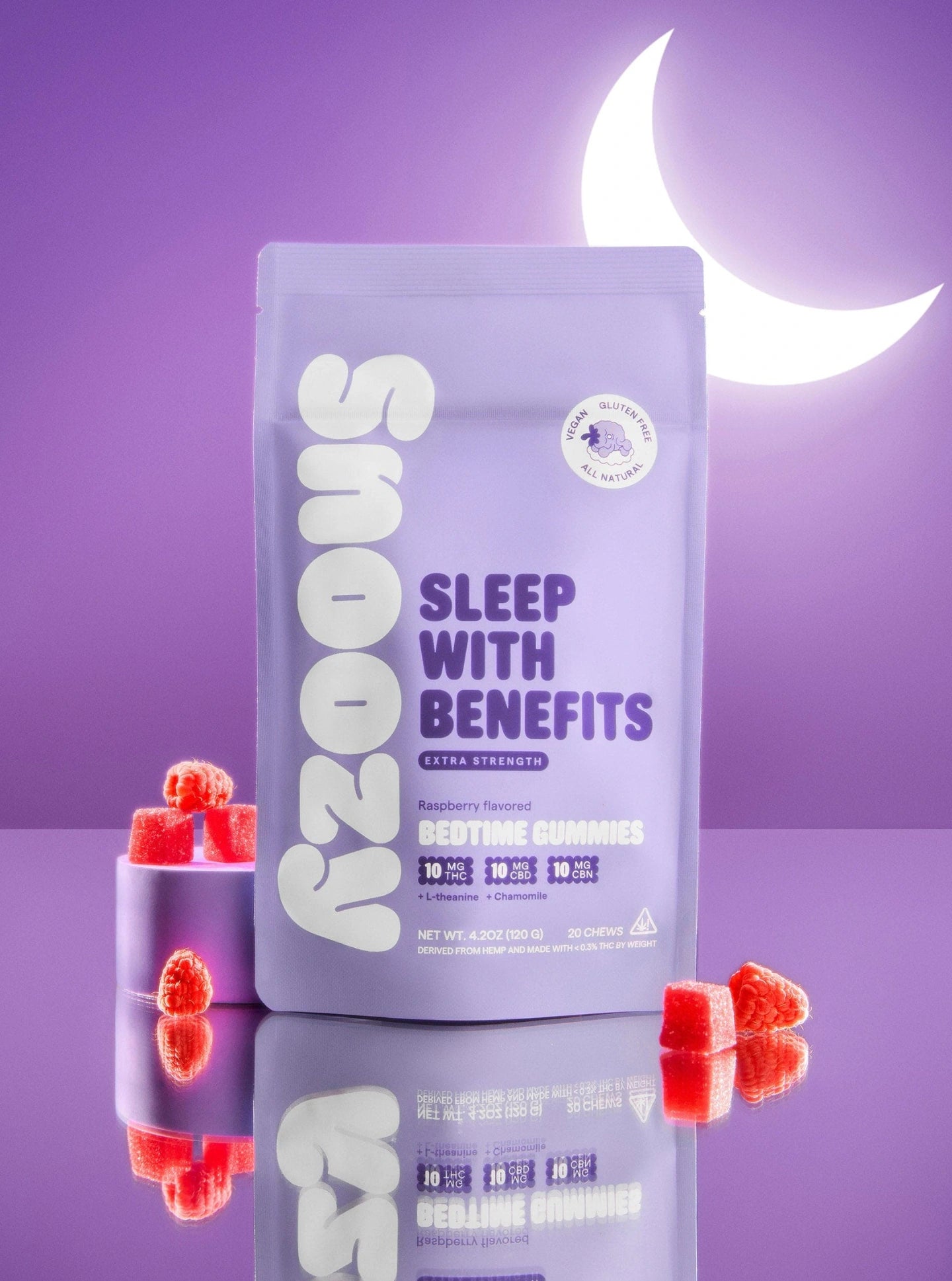 Snoozy Gomitas con THC Delta 9, CBD y CBD Sleep with Benefits Extra Strength Raspberry Flavored Bedtime Gummies