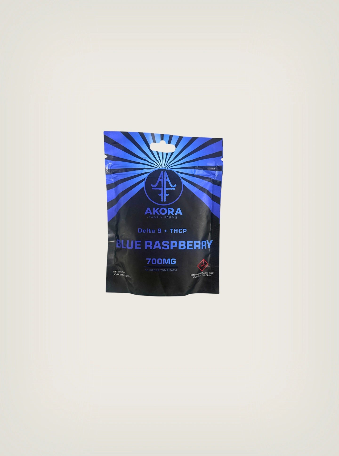 Akora Farm Labs Gomitas con THC Delta 9 + THCP 700mg 10pzs Sabor Blue Raspberry