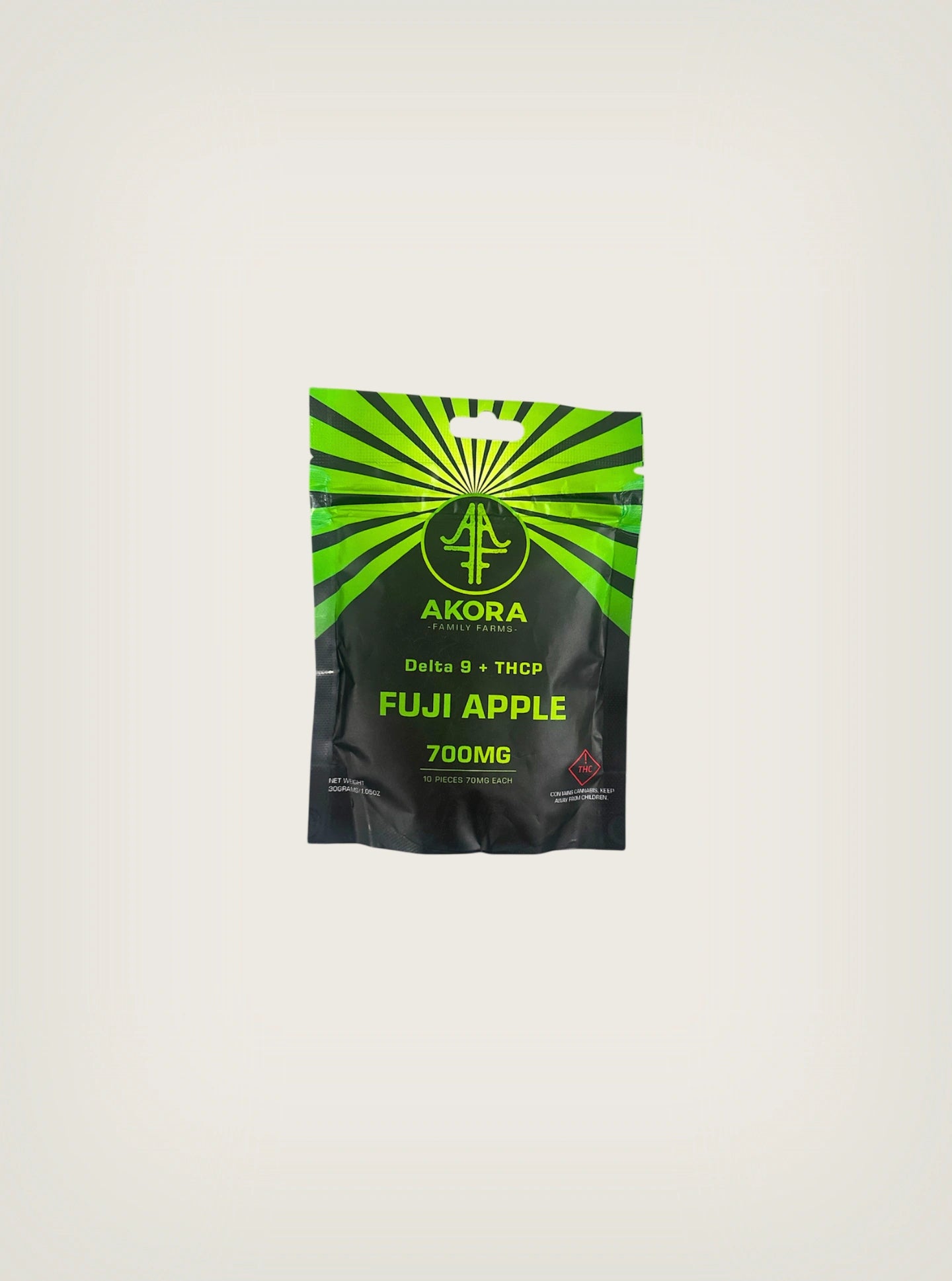 Akora Farm Labs Gomitas con THC Delta 9 + THCP 700mg 10pzs Sabor Fuji Apple