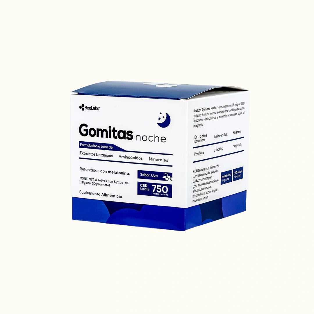 BeeLabs Gomitas para Dormir con CBD + Melatonina + L-Teanina + Magensio caja de 6 sobres de 5 gomitas.