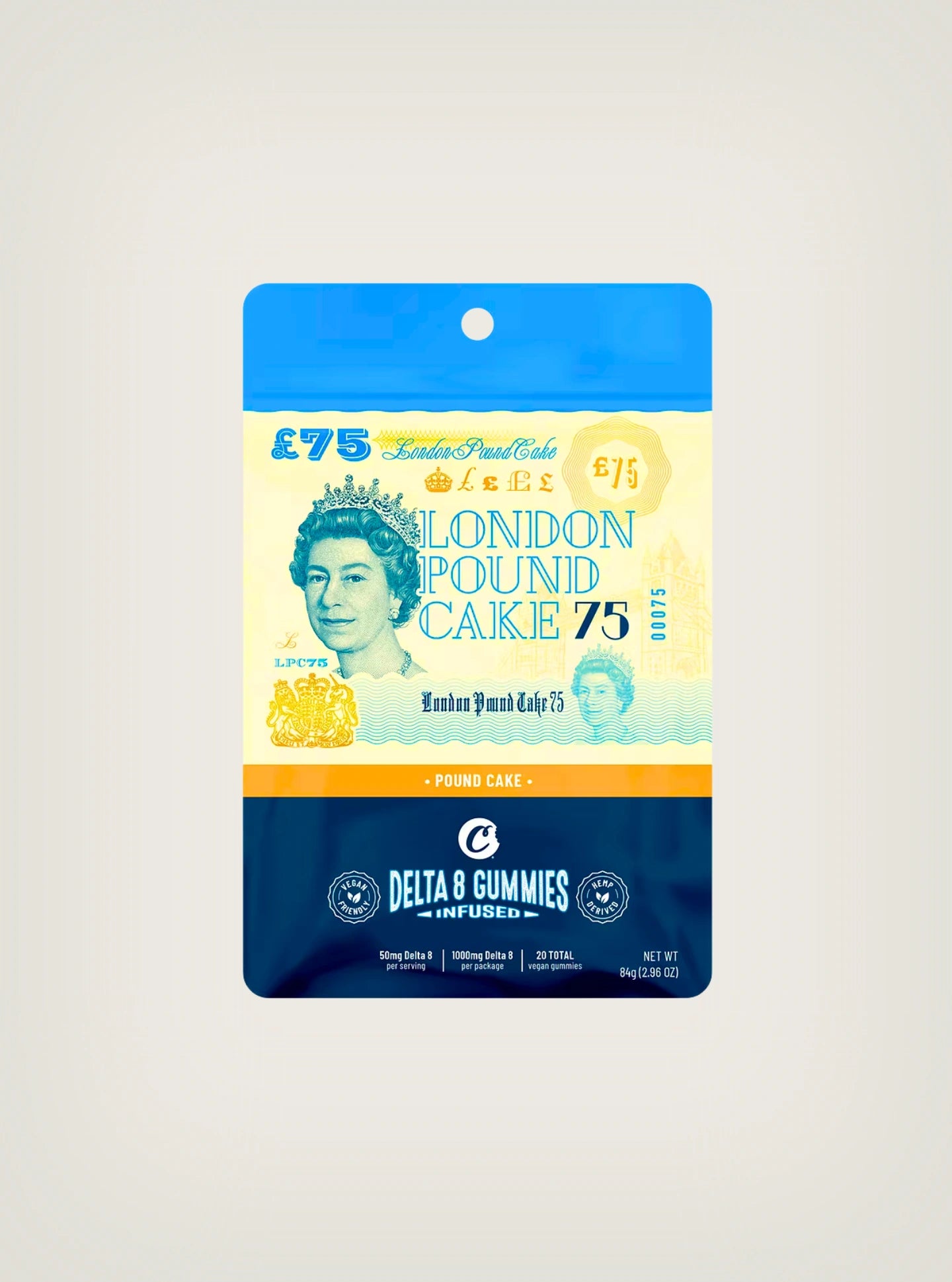 Gomitas con THC Delta 8 Infused 50mg Delta 8 per serving 1000mg per package 20 piezas sabor London Pound Cake