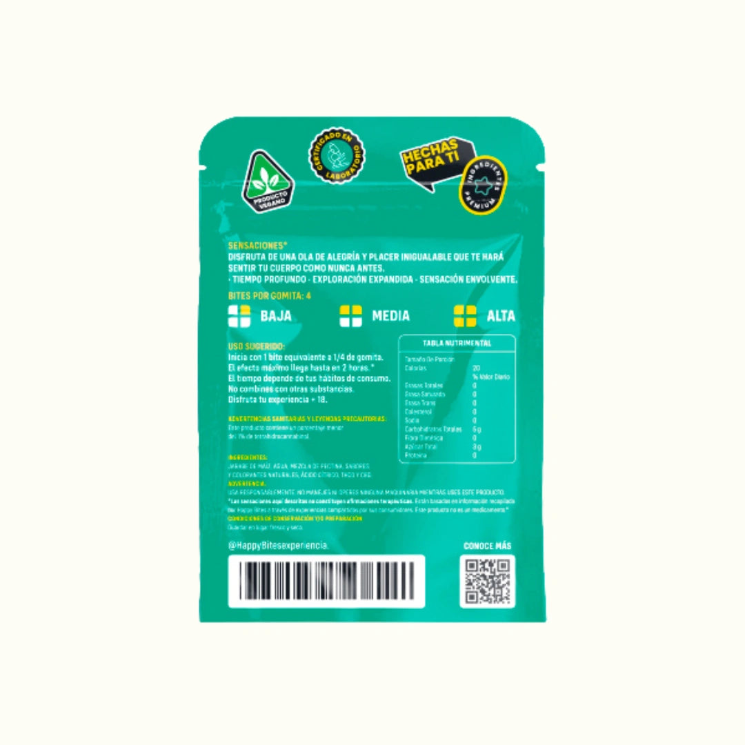 Happy Bites Nova Gomitas de THCO + CBD 6 piezas Datos Nutricionales