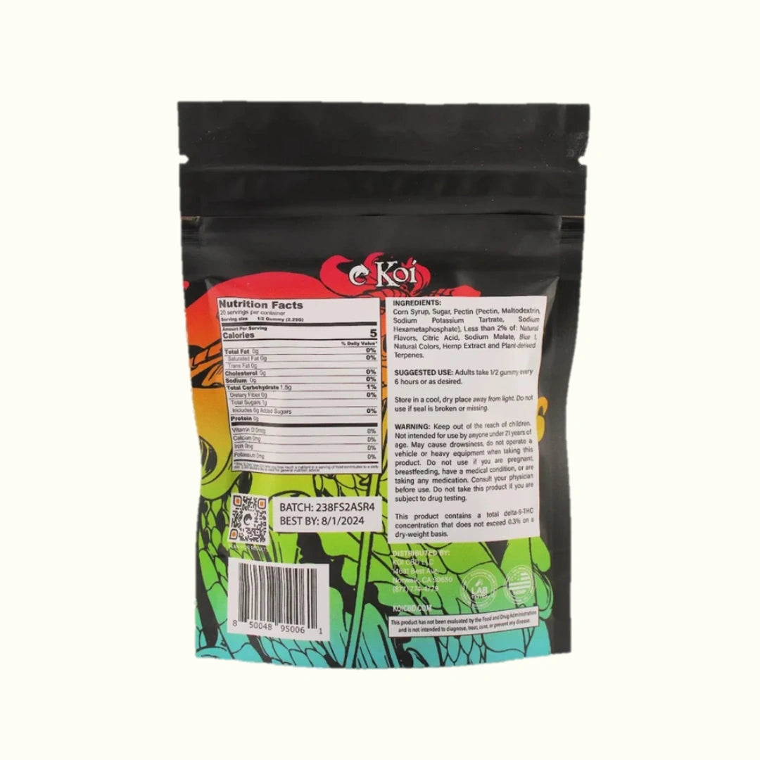 KOI Variety Pack Gomitas con THC Delta 9 10mg + CBD 20mg/pza 10pzs reverso