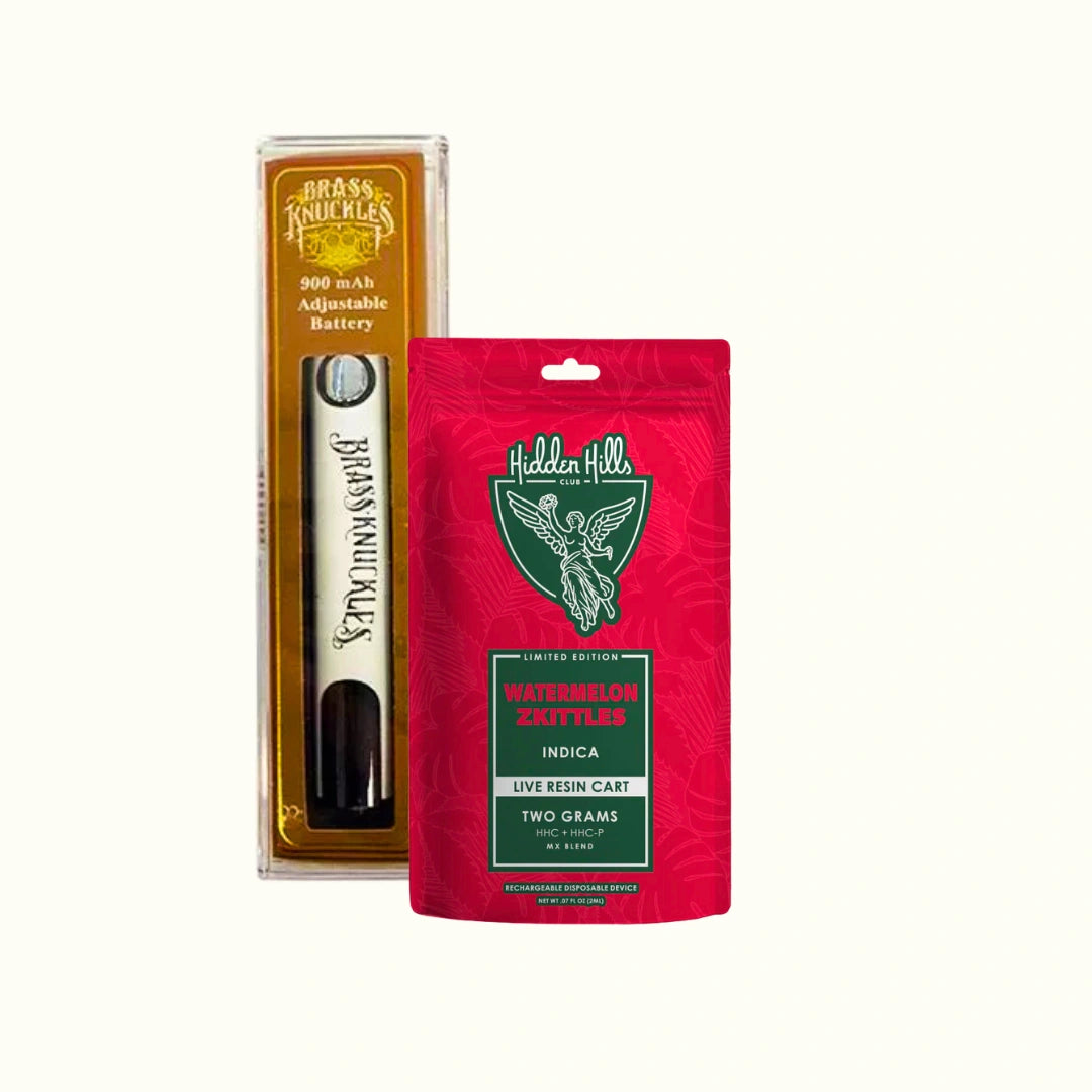Batería Ajustable 510 Brass Knuckles con un cartucho de wax de HHC 2g Hidden Hills sabor Watermelon Zkittles Indica
