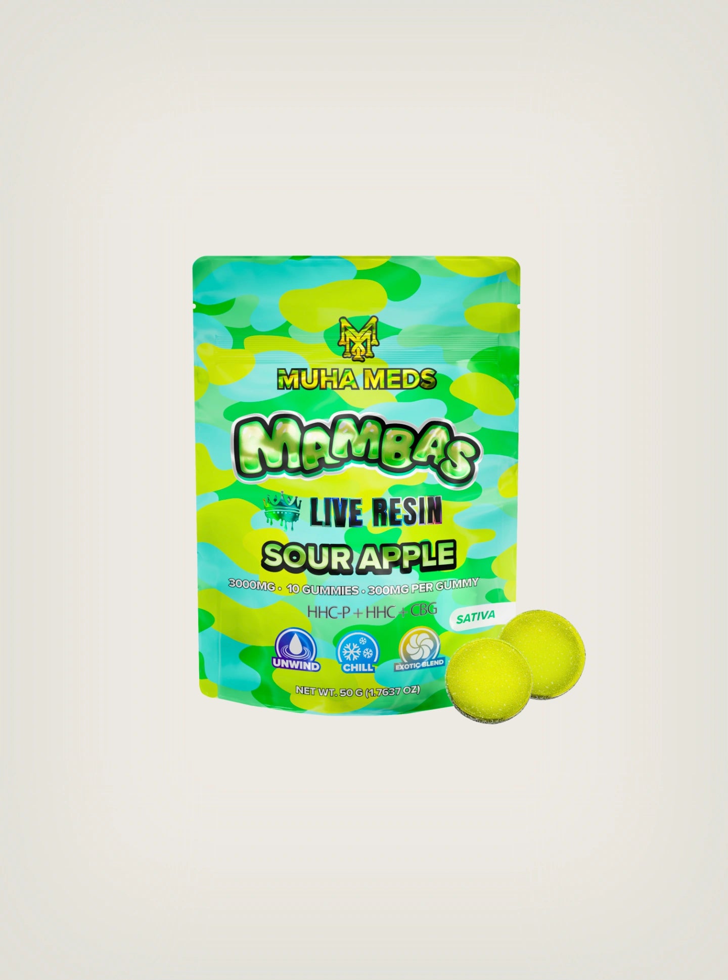 Muha Meds Gomitas de THC con HHCP + HHC + CBG 3000mg Live Resin Sour Apple Sativa