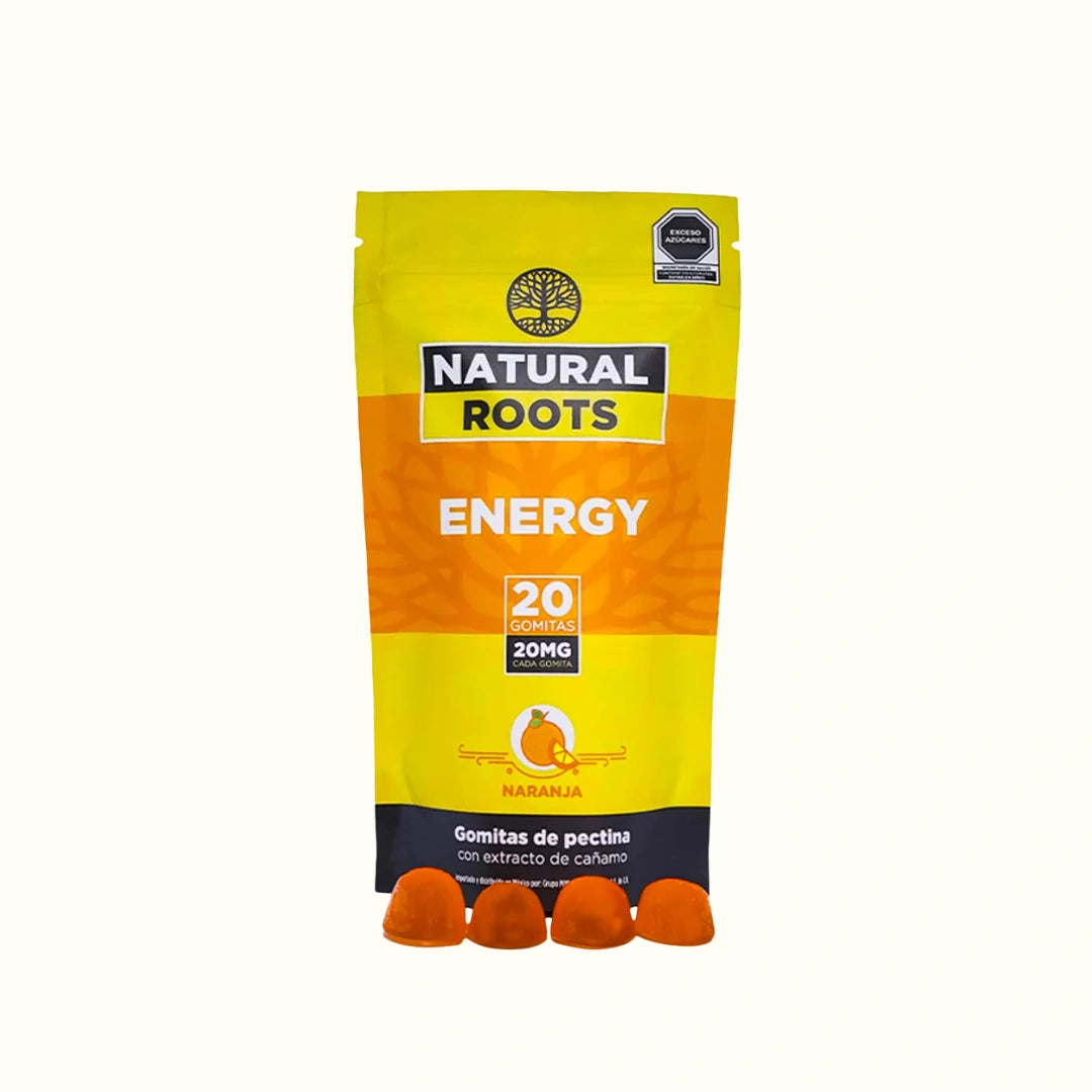 Gomitas con CBD Cannabidiol marca Natural Roots Energy con 20 gomitas de 20mg por pieza. 