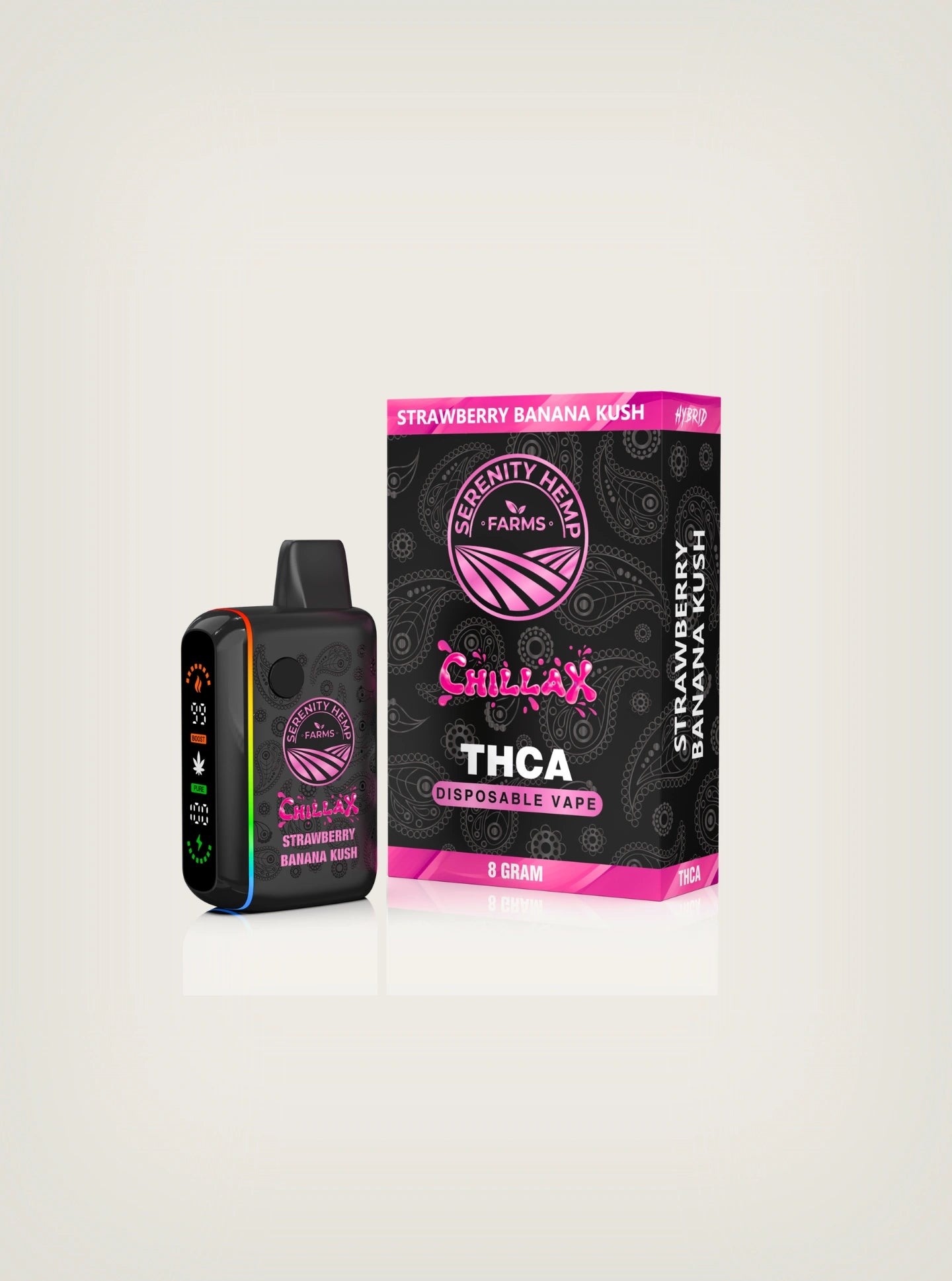 Compra plumas de wax desechables marca Serenity Hemps, plumas de wax de THCA de 8 gramos sabor strawberry banana kush hybrid