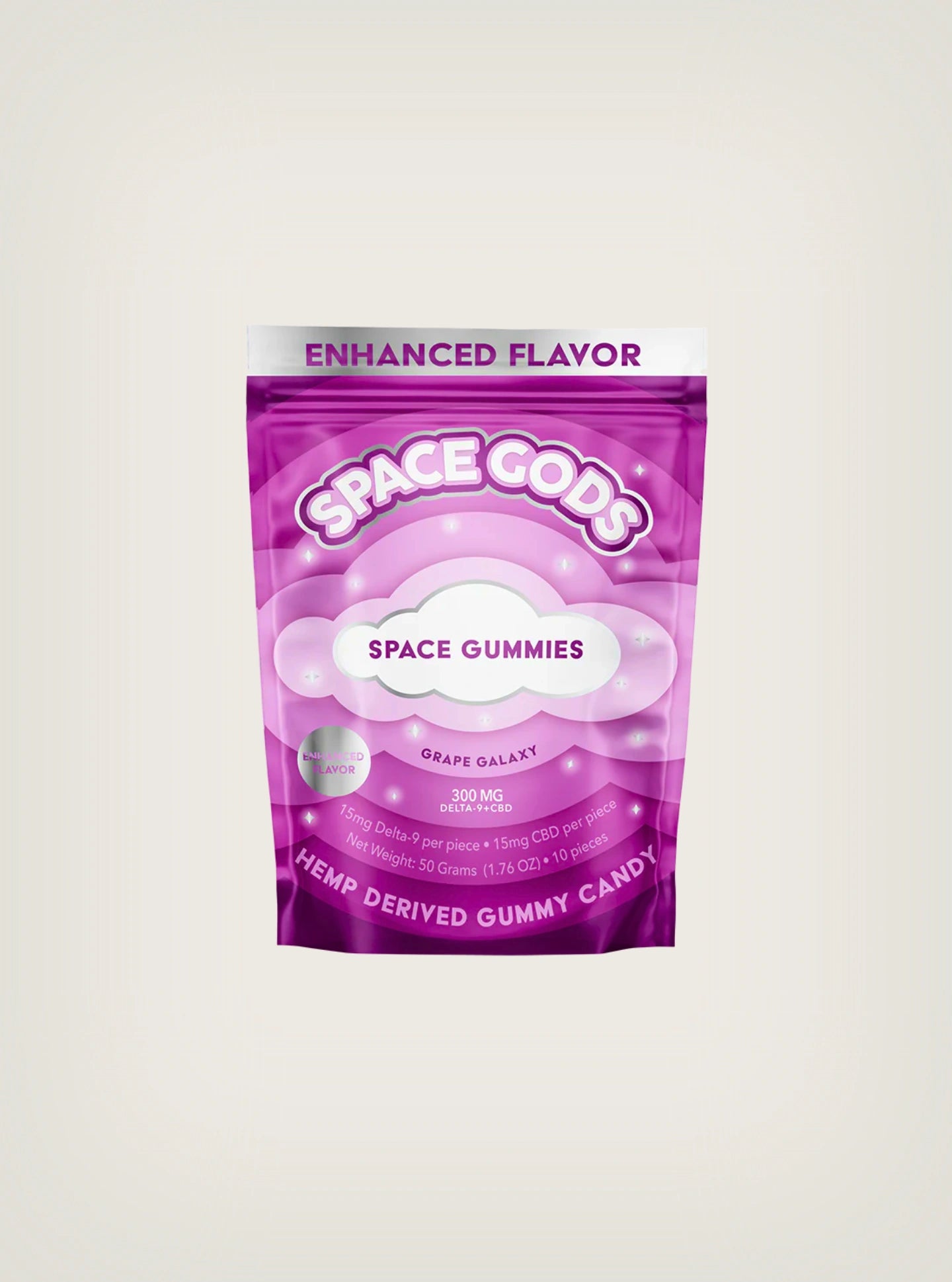 Gomitas con THC Space Gods con Delta 9 y CBD 300mg sabor Grape Galaxy
