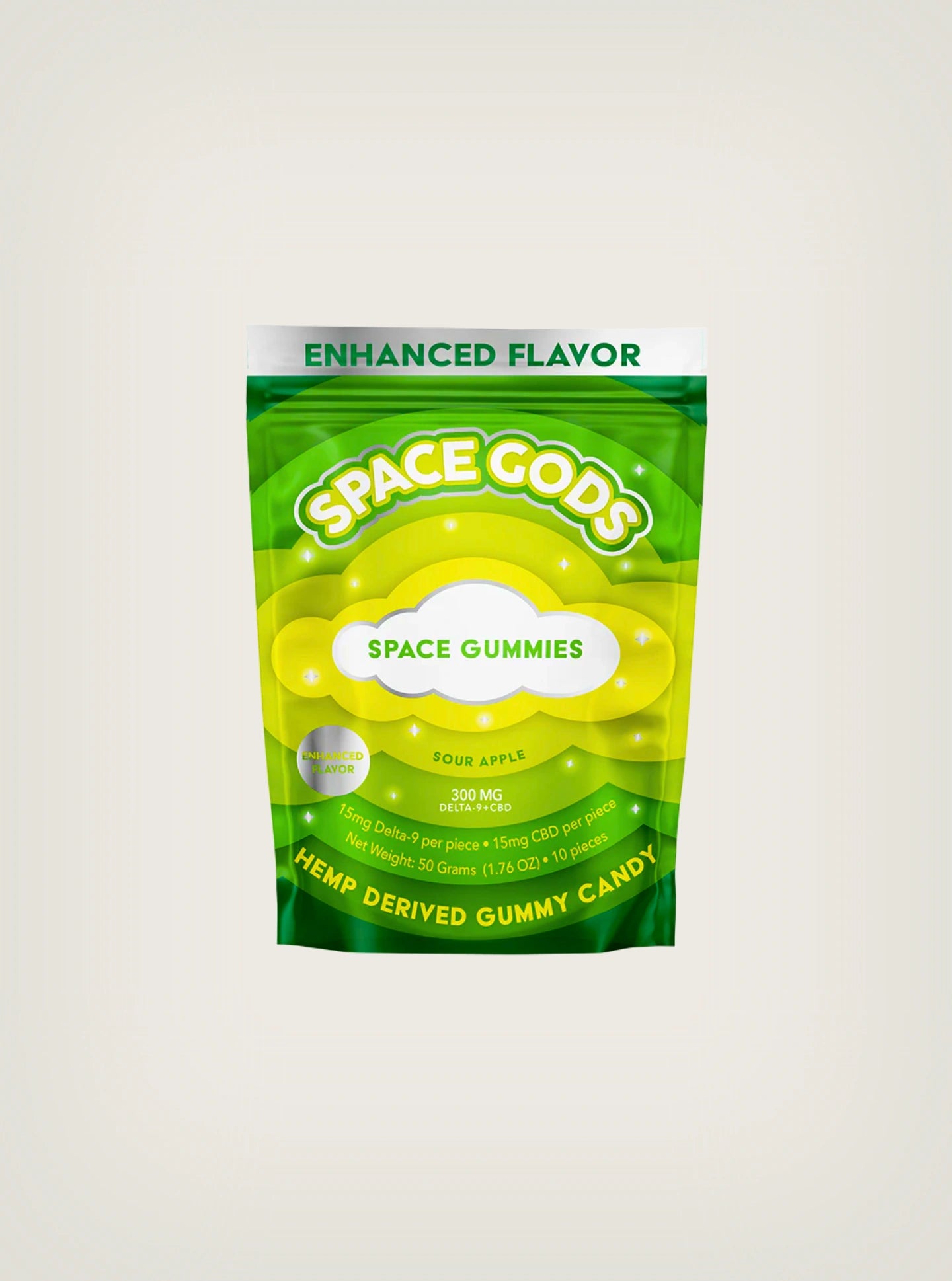 Gomitas con THC Space Gods con Delta 9 y CBD 300mg sabor Sour Apple