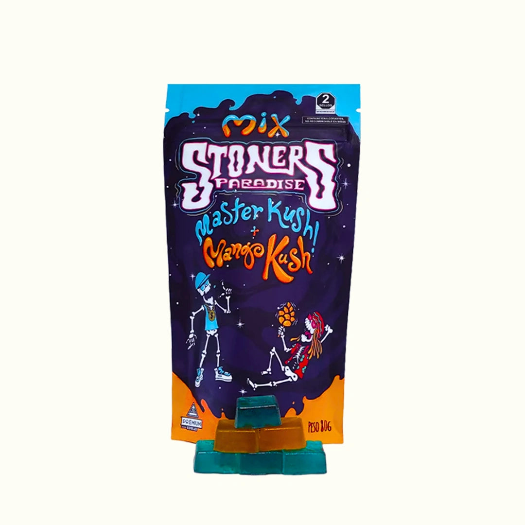 Compra en Splift Gomitas con THC Delta 9 Stoners Paradise con 600mg de Delta 9 por empaque y 20 gomitas sabor Master Kush y Mango Kush