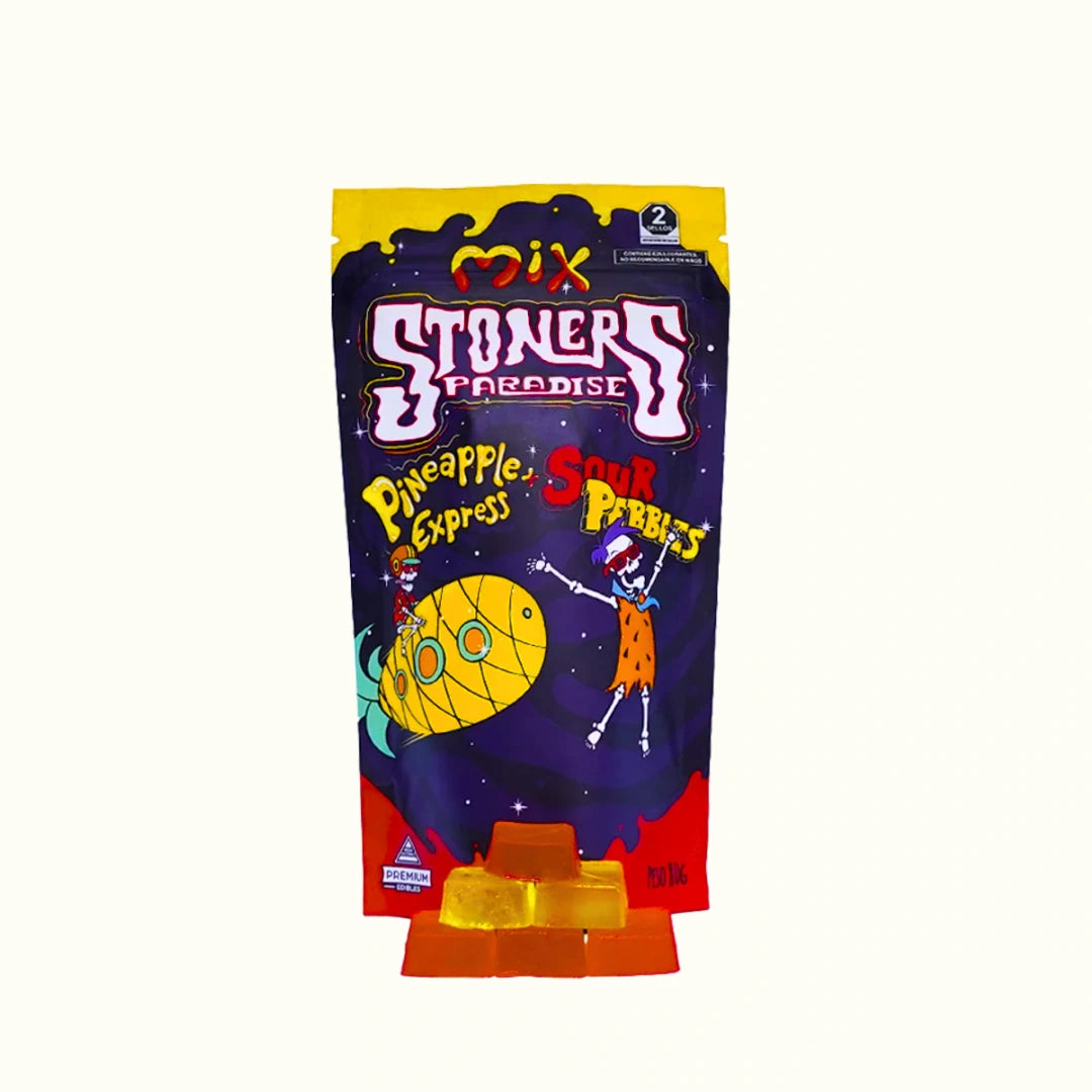 Compra en Splift Gomitas con THC Delta 9 Stoners Paradise con 600mg de Delta 9 por empaque y 20 gomitas sabor Pineapple Express y Sour Pebbles.