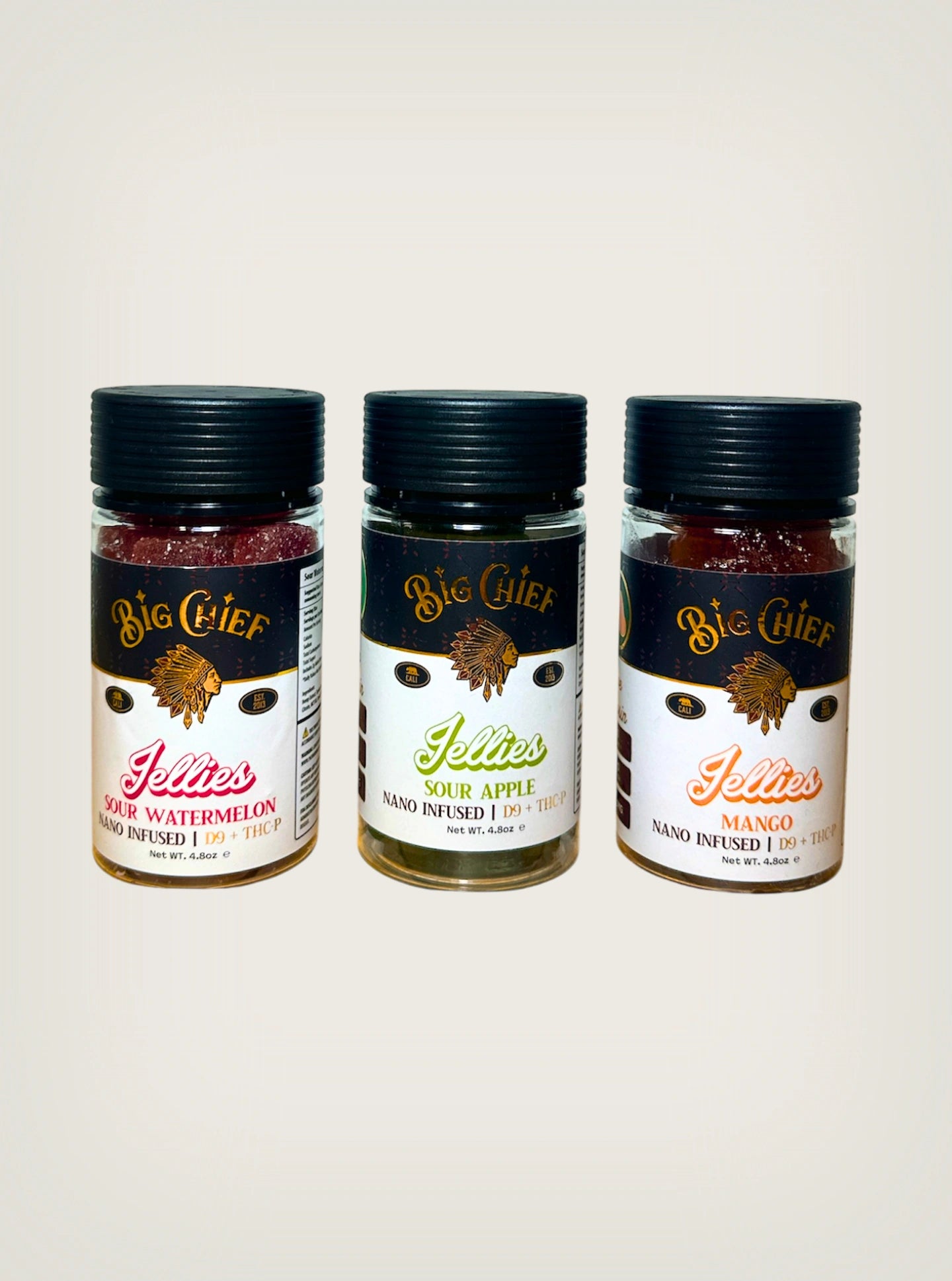Gomitas con THC Delta 9 + THCP Big Chief Jellies Nano Infused sabores sour watermelon, sour apple y mango