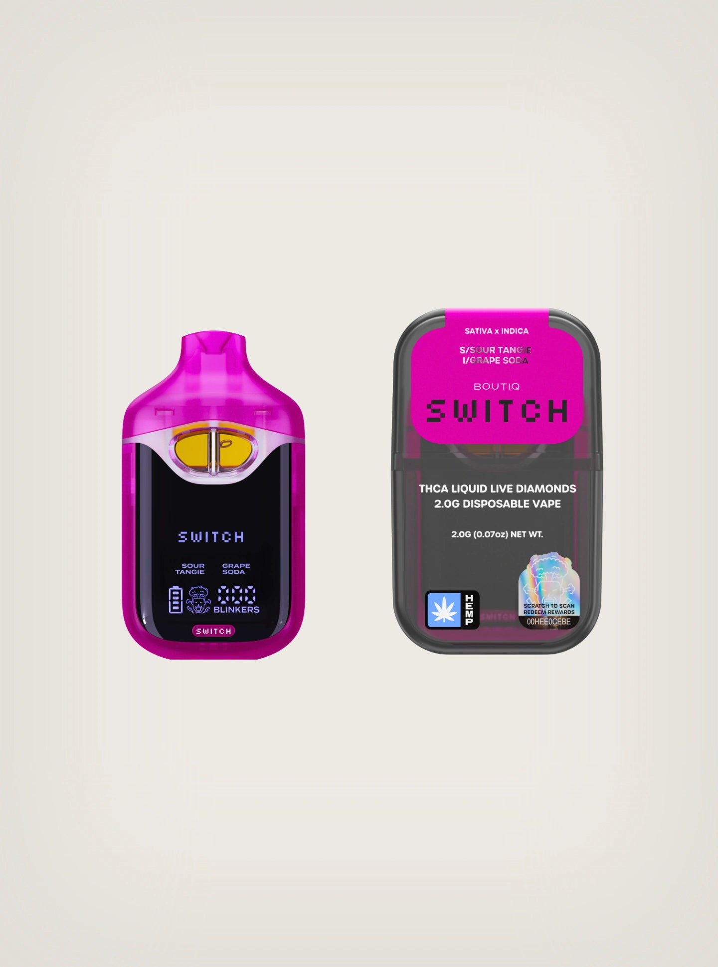 Boutiq Switch V4 THCA Liquid Live Diamonds Disposable Vape 2g, pluma de wax desechable Sour Tangie X Grape Soda