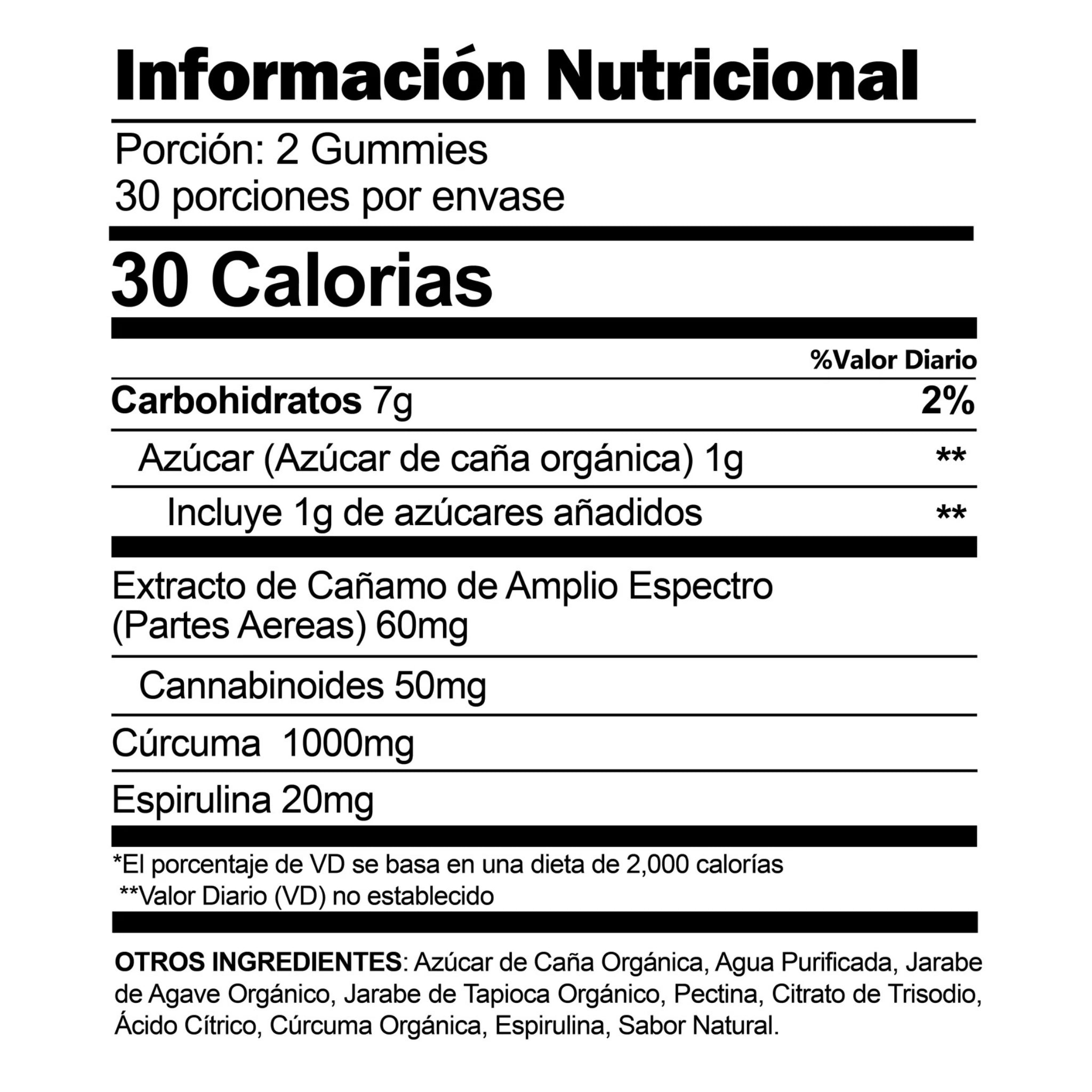 CBDFx Gomitas CBD Curcuma y Espirulina 1500mg Informacion Nutricional