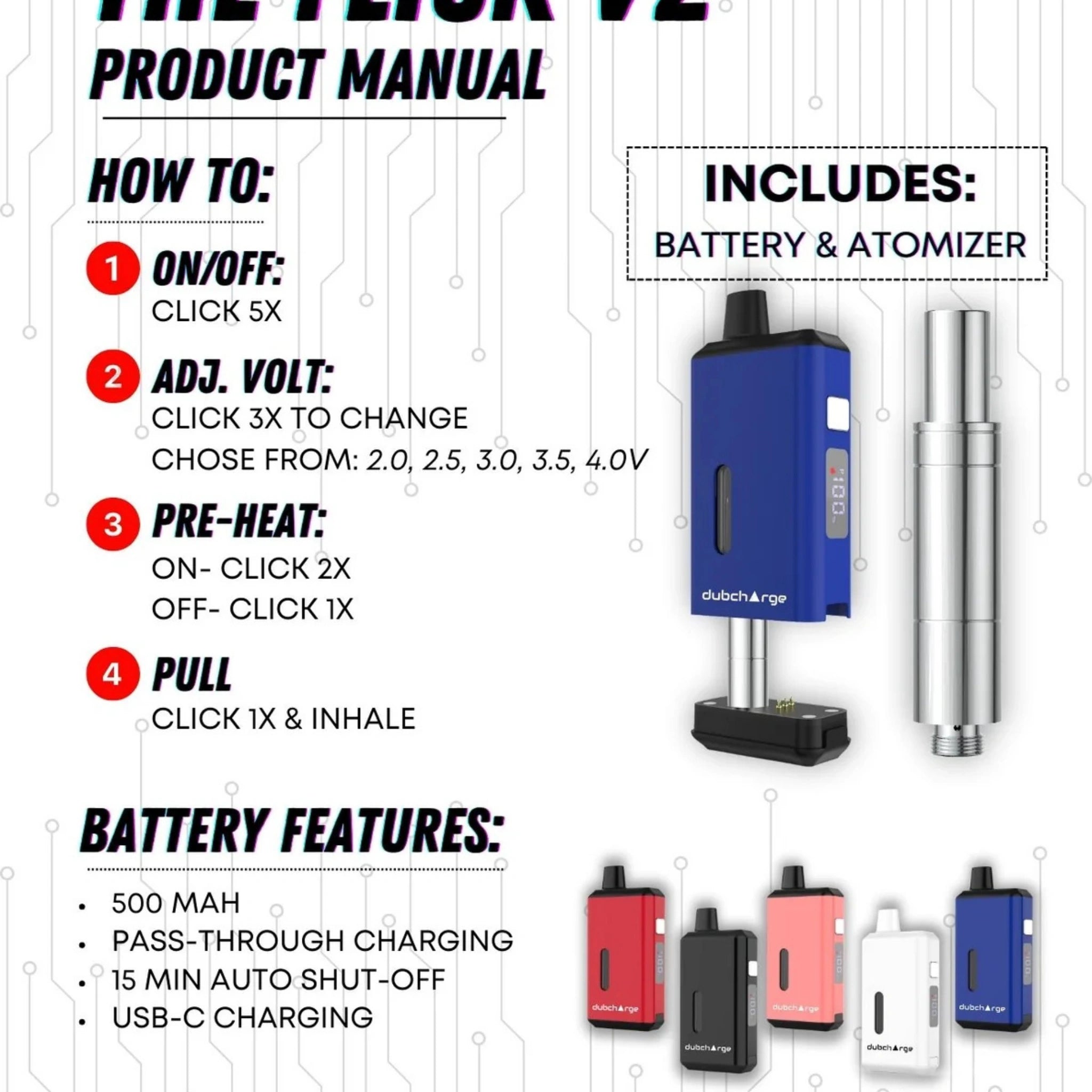 Dubcharge Bateria 510 Flick V2 Pantalla LED Instrucciones de Uso