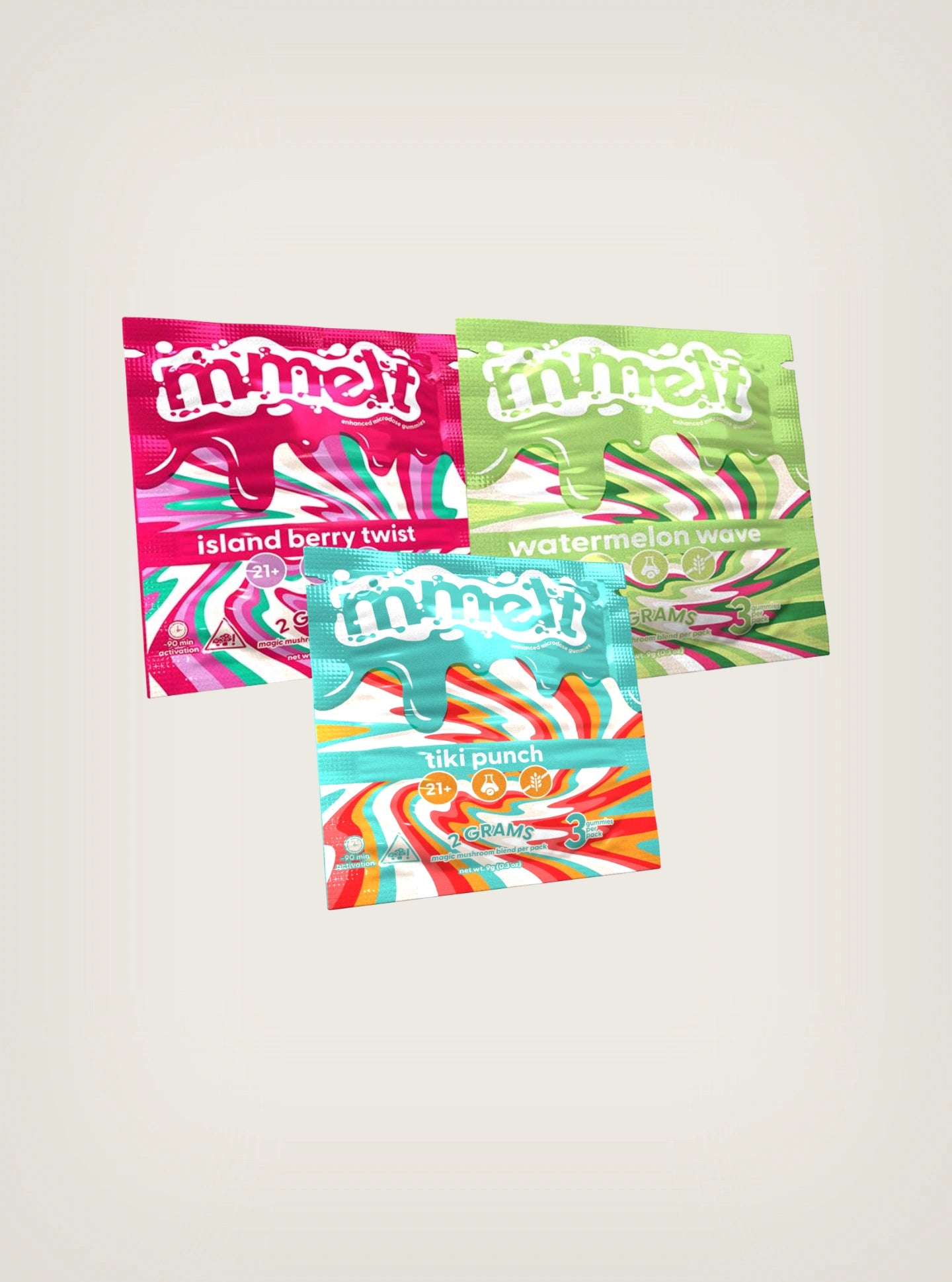 mmelt magic mushroom gummies 2 grams 3 gomitas por servicio island berry twist, tiki punch, watermelon wave