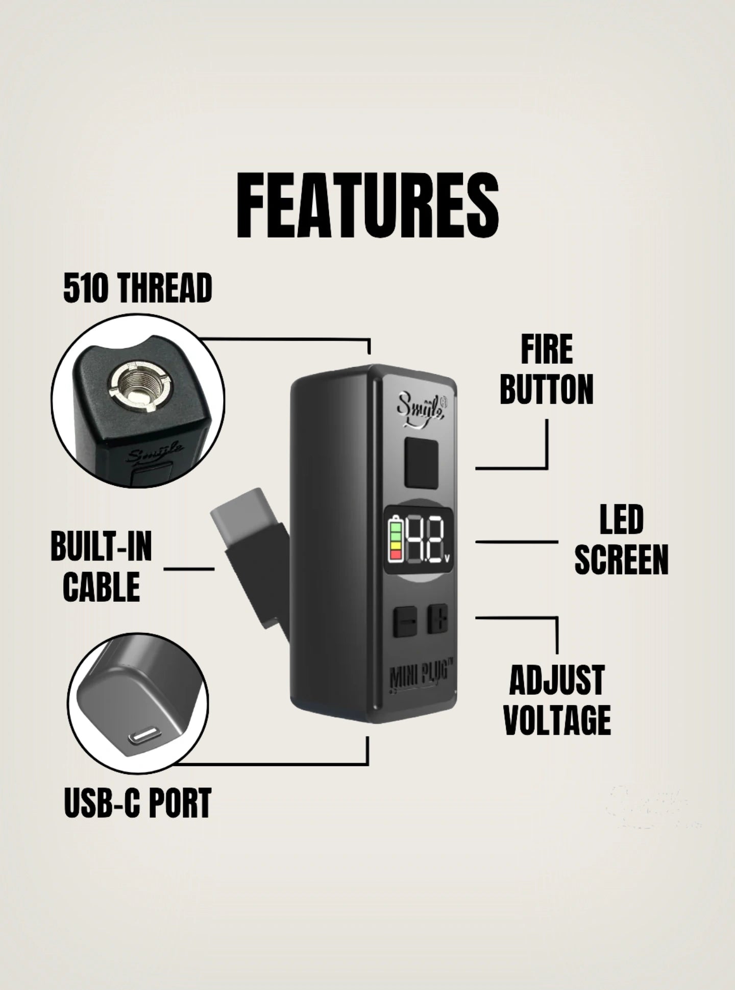 Smyle Labs batería para cartucho de wax 510 con built in cable USBC características