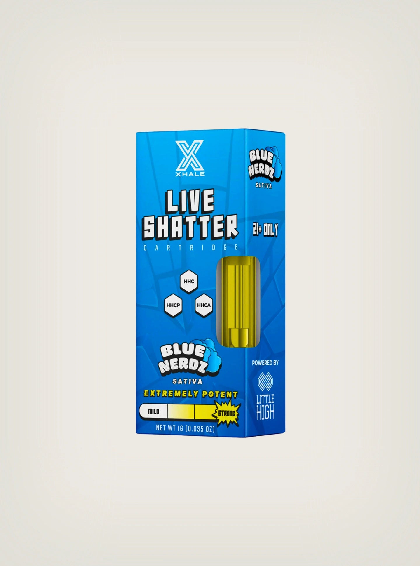 Compra Cartuchos de wax desechables de HHC + HHCP + HHCA 2g marca Xhale Blue Nerdz Sativa